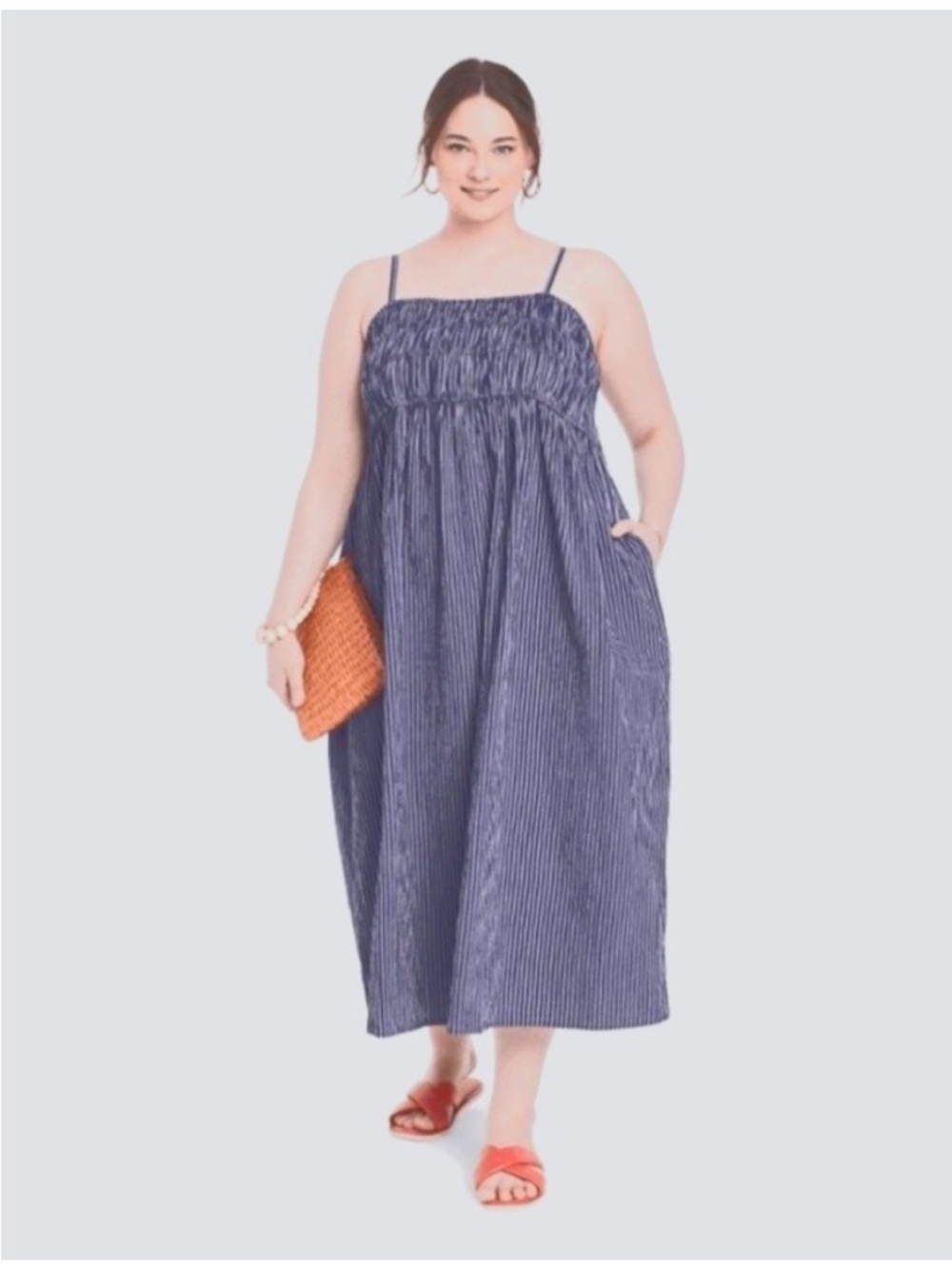 A New Day midi dress blue white stripes sleeveless pockets smocked